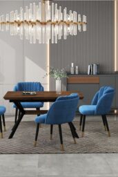 Life Interiors Single Milano Velvet Dining Chair with Stylish Ribbed Back Design, Black Metal Legs with Gold Tips in Blue - thumbnail 7