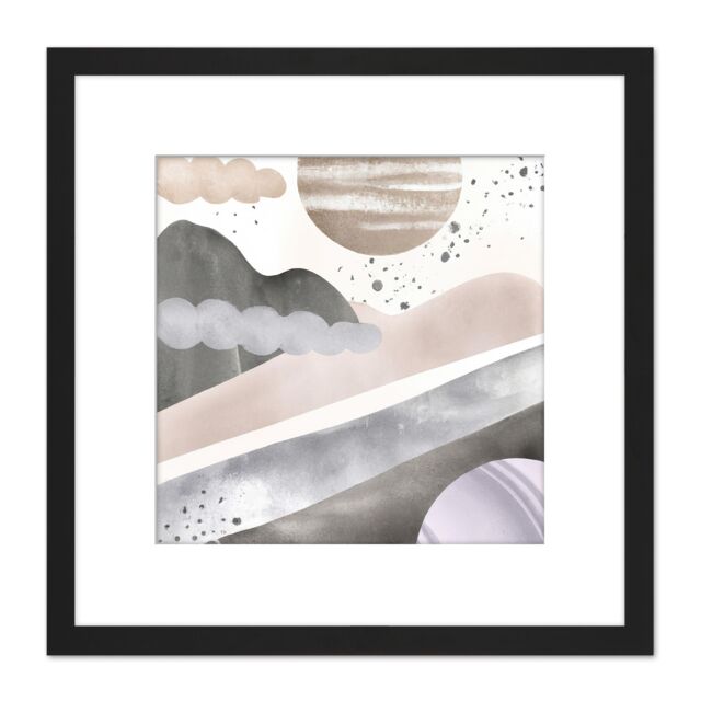 Artery8 Boho Abstract Grey Winter Sun Landscape Illustration Pastel Artwork Square Wooden Framed Wall Art Print Picture 8X8 Inch in Black - image 1