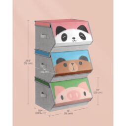 SONGMICS Set of 3 Kids Storage Stackable Toy Boxes Folding Organizers in Mid Grey - thumbnail 3