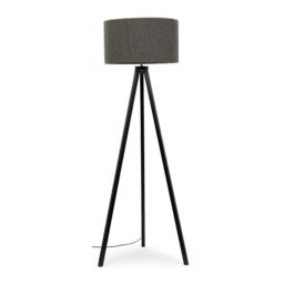 ValueLights Barbro Black Wood Tripod Floor Light Lamp with Reni Boucle Shade in Grey