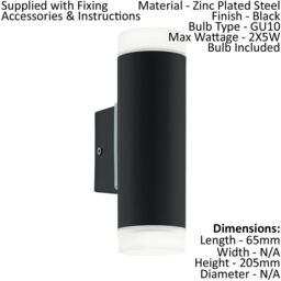 Loops IP44 Outdoor Wall Light Black Up & Down Light 2 x 5W GU10 Bulb Porch Lamp - thumbnail 2