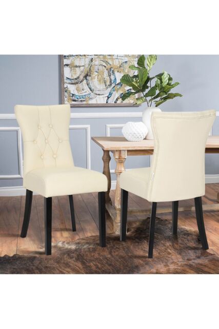 Living and Home Set of 2 Leather High Backrest Dining Chairs in Beige - image 1