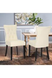 Living and Home Set of 2 Leather High Backrest Dining Chairs in Beige - thumbnail 1