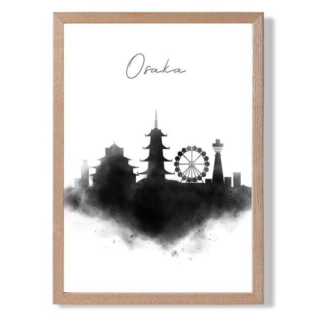 ARTZE Osaka Watercolour Skyline City Framed Print SIZE: A2 with Oak Frame in Black - Size: A4 - image 1