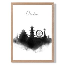 ARTZE Osaka Watercolour Skyline City Framed Print SIZE: A2 with Oak Frame in Black - Size: A4 - thumbnail 1