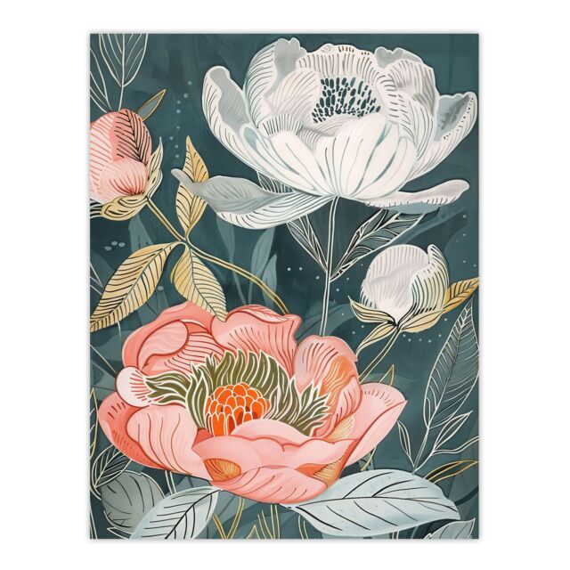 "Artery8 Red White Peonies in Bloom Artwork Wildflowers Wall Art Print in Blue - Size: W24"" x H32""" - image 1
