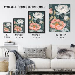 "Artery8 Red White Peonies in Bloom Artwork Wildflowers Wall Art Print in Blue - Size: W24"" x H32""" - thumbnail 3
