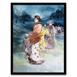 Artery8 Somm Procession of Characters in Japanese Costume Framed Art Print in Blue - Size: A4 - thumbnail 1