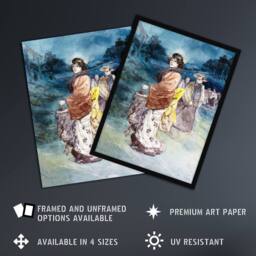 Artery8 Somm Procession of Characters in Japanese Costume Framed Art Print in Blue - Size: A4 - thumbnail 2