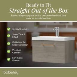 Balterley 600mm Wall Hung 1 Drawer Vanity Basin Unit, Mid Oak, Copper Handle in Brown - thumbnail 4