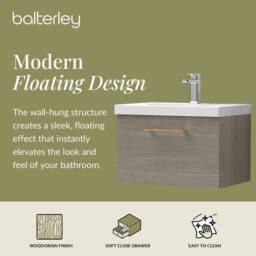Balterley 600mm Wall Hung 1 Drawer Vanity Basin Unit, Mid Oak, Copper Handle in Brown - thumbnail 2