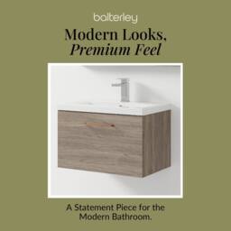 Balterley 600mm Wall Hung 1 Drawer Vanity Basin Unit, Mid Oak, Copper Handle in Brown - thumbnail 7