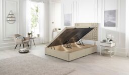 Somnior Flexby Tweed Fabric Side Opening Ottoman Bed With Headboard in Beige - Size: King
