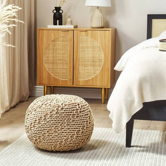 Wyld and Coco Round Pouf Ottoman Beige 50 x 35 cm Knitted Cotton with EPS Beads - image 1