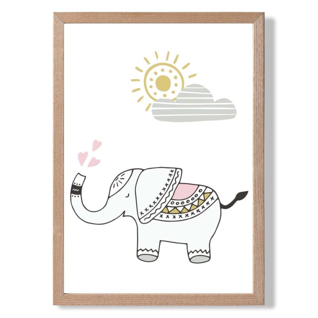 ARTZE CuteElephant Scandi Animal Framed Print SIZE: A2 with Oak Frame in Pink - Size: A4 - image 1