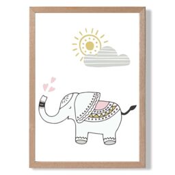 ARTZE CuteElephant Scandi Animal Framed Print SIZE: A2 with Oak Frame in Pink - Size: A4