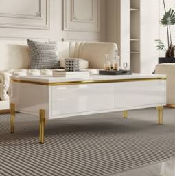STILVORA Coffee Table with Drawers & Metal Legs in White - thumbnail 3