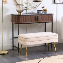 Wyld and Coco Off-White Velvet Storage Bench with Gold Legs and Tufted Surface in White