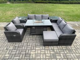 Fimous Wicker Rattan Garden Furniture Set Gas Fire Pit Dining Table Indoor Outdoor with 2 Side Tables Chair Loveseat Sofa Big Footstool in Dark Grey - thumbnail 3