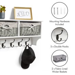 VonHaus Amory Hallway White Wall Mounted Coat Hooks with Wicker Baskets - thumbnail 4