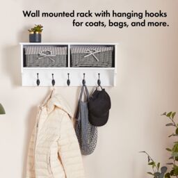 VonHaus Amory Hallway White Wall Mounted Coat Hooks with Wicker Baskets - thumbnail 2