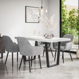 More4Homes Aria Dining Table & Chairs - White Marble Effect Table Top w Black Legs + Anika Velvet Dining Chair Set Of 6 in Grey - thumbnail 1