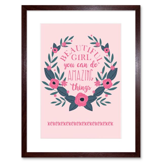 "Artery8 Wall Art Print Kids Girl Beautiful Amazing Pink Floral Framed in Brown - Size: W7"" x H9""" - image 1