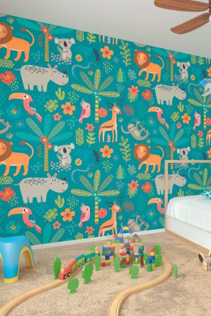 Origin Murals Jungle Animals Wall Mural in Teal - Size: W300 cm x H240 cm - image 1