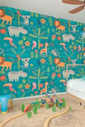 Origin Murals Jungle Animals Wall Mural in Teal - Size: W300 cm x H240 cm - thumbnail 1