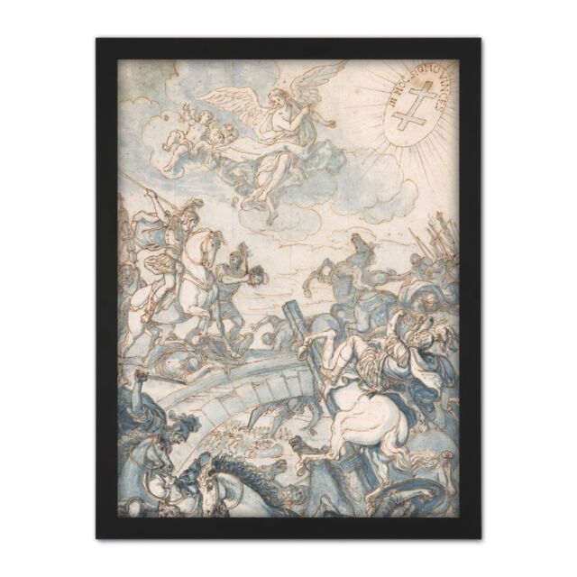 "Artery8 Wall Art Print Rugendas Constantines Battle Milvian Bridge Drawing Large Framed Wall Décor Art in White - Size: W18"" x H24""" - image 1