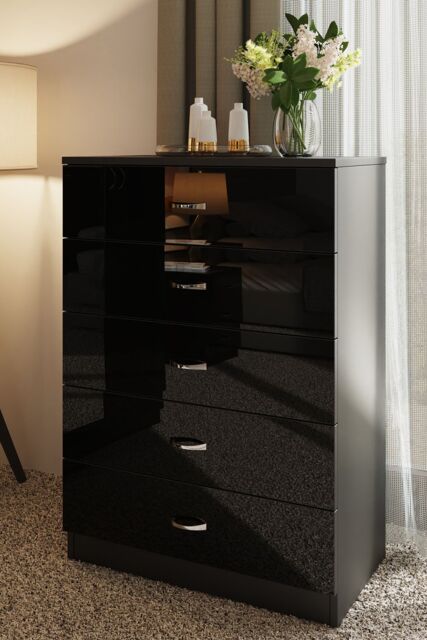 FWStyle Chilton Black Gloss 5 Drawer Chest (H) 100cm (W) 70cm (D) 40cm - image 1