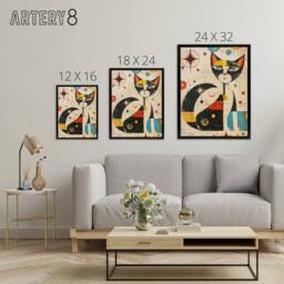 "Artery8 Abstract Mid Century Modern Atomic Cat Framed Canvas Wall Art Print in Beige - Size: W12"" x H16""" - thumbnail 4