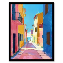 Artery8 Mediterranean Street Spain Painting Seaside Framed Art Print - Size: A4 - thumbnail 1