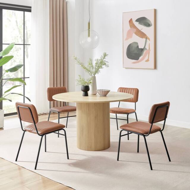 FurnitureboxUK Penrose Oak Effect Round Dining Table & 4 Tan Delta Chairs - image 1