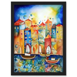 Artery8 Abstract Sailing Seafront Folk Art Artwork Framed Wall Art Print A4 in Black - thumbnail 1