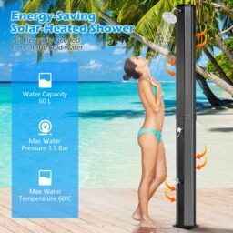 Gymax 60L 227CM Solar Heated Outdoor Shower With Foot Shower Tap Shower Head in Black - thumbnail 2
