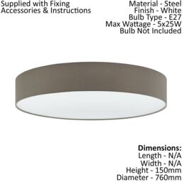 Loops Flush Ceiling Light Colour White Shade Taupe White Fabric Bulb E27 5x25W - thumbnail 2