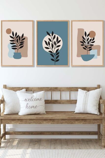 ARTZE Set of 3 Oak Framed Graphical Boho Floral Teal & Beige Botanical Wall Art - Size: W53 cm x H73 cm x D20mm - image 1