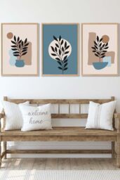 ARTZE Set of 3 Oak Framed Graphical Boho Floral Teal & Beige Botanical Wall Art - Size: W53 cm x H73 cm x D20mm - thumbnail 1