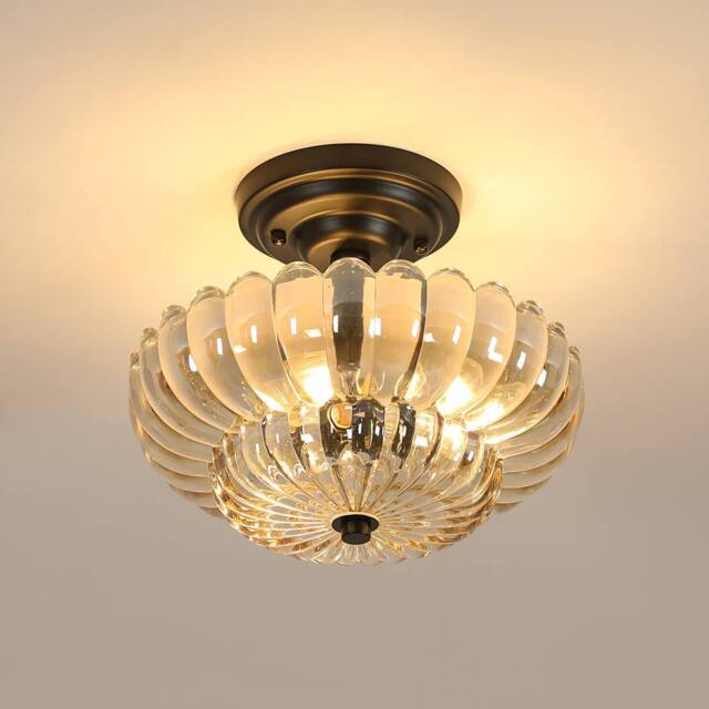 Pheashine Black Base Amber Glass Flush Ceiling Light, 3×E27, Bulbs Not Included - image 1