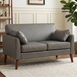 HOMCOM 2 Seater Sofa, 132 cm Modern Small Sofa with Solid Wood Legs, Grey - thumbnail 1
