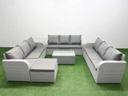 Fimous PE Rattan Lounge Sofa Set 10 Seater Outdoor Garden Furniture Set w/ Rectangular Coffee Table 3 Seater Sofa Big Footstool Side Table Light Grey - thumbnail 1