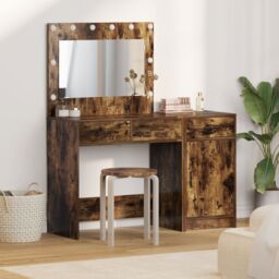 Berkfield Home 2 Piece Dressing Table Set with LED Smoked Oak Engineered Wood in Brown