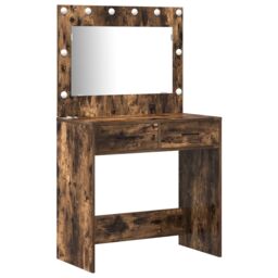 Berkfield Home 2 Piece Dressing Table Set with LED Smoked Oak Engineered Wood in Brown - thumbnail 4