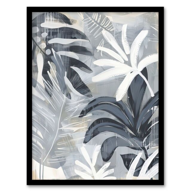 Artery8 Abstract Monstera Plant Lover Leaves Painting Framed Art Print in Grey - Size: A4 - image 1