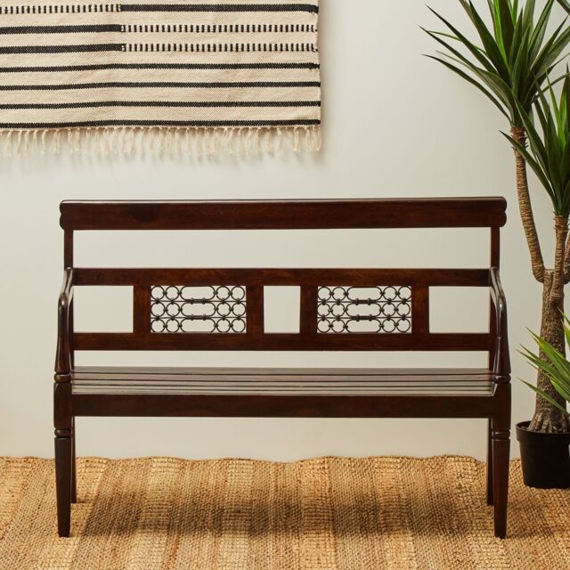 Orsina Dark Sheesham Wood Bench, Vintage-Style Wooden Seat with Intricate Iron-Detail Back, Entryway Seating in Brown - image 1