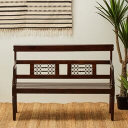 Orsina Dark Sheesham Wood Bench, Vintage-Style Wooden Seat with Intricate Iron-Detail Back, Entryway Seating in Brown