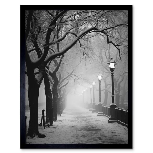 Artery8 Wall Art Print Snow Covered Street in the Misty Glow of Light Posts Atmospheric Black & White Photograph Winter Scene Art Framed - image 1