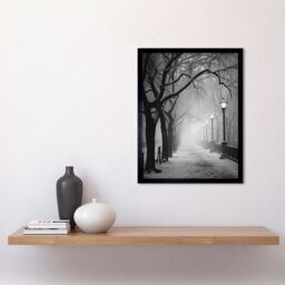 Artery8 Wall Art Print Snow Covered Street in the Misty Glow of Light Posts Atmospheric Black & White Photograph Winter Scene Art Framed - thumbnail 2