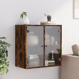 Berkfield Home Wall Cabinet with Glass Doors Smoked Oak 68x37x68.5 cm in Brown - thumbnail 1